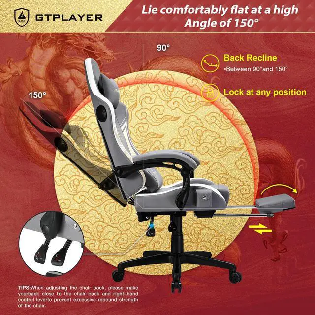 Alt view image 5 of 7 - GTPLAYER Gaming Chair with Bluetooth Speakers and Footrest, Dragon Series Video Game Chair ,Heavy Duty Ergonomic Chair,Esports Gaming Chair,Computer Office Desk Chair by GTRACING(Grey)