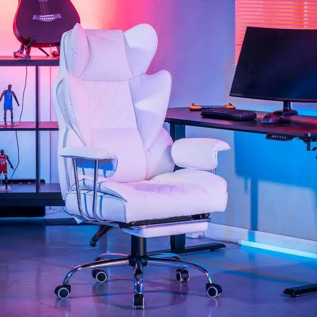 Alt view image 2 of 6 - GTRACING Gaming Chair,Office Chair with Pocket Spring Lumbar Support, Ergonomic Comfortable Wide Office Desk Computer Chair with Outward Fixed Soft Armrests and Footrest (PU Leather, White)
