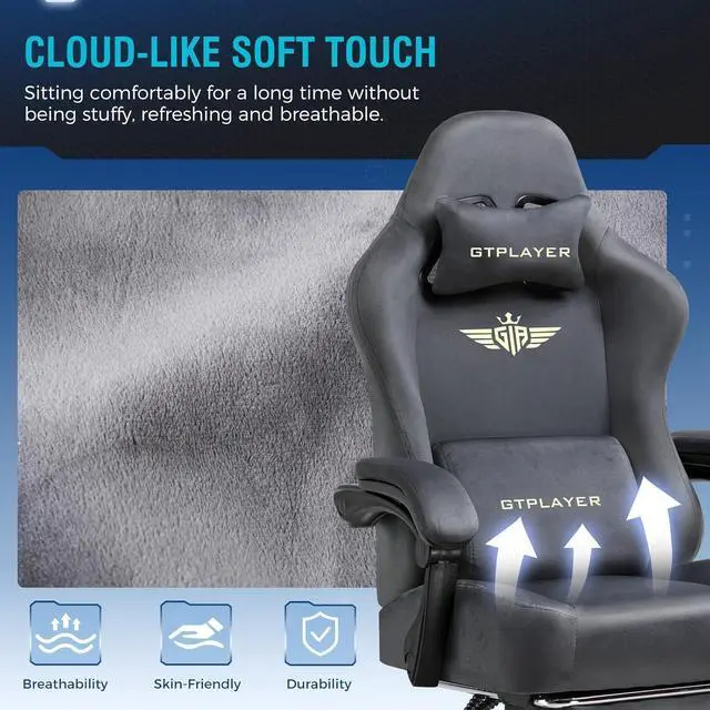 Alt view image 4 of 7 - GTPLAYER Gaming Chair with Footrest for Adults 350LBS, Big and Tall Gamings Chairs Fabric with Pocket Spring Cushion High Back Computer Chair Lumbar Support Swivel Game Chair for Office Gaming,  Gray