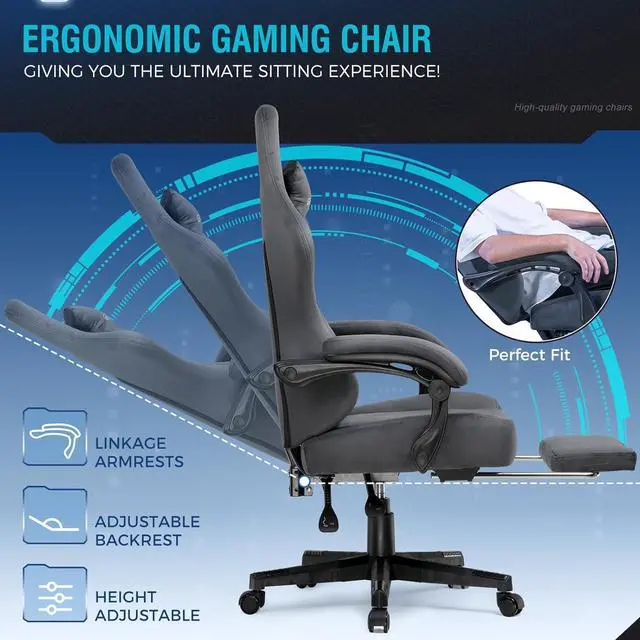 Alt view image 7 of 7 - GTPLAYER Gaming Chair with Footrest for Adults 350LBS, Big and Tall Gamings Chairs Fabric with Pocket Spring Cushion High Back Computer Chair Lumbar Support Swivel Game Chair for Office Gaming,  Gray