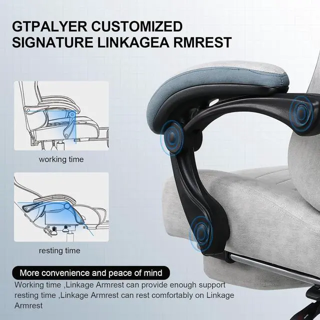 Alt view image 4 of 7 - GTPLAYER Gaming Chair with Footrest Fabric Office Chair with Pocket Spring Cushion and Linkage Armrests, High Back Ergonomic Computer Chair with Lumbar Support Task Chair-Grey