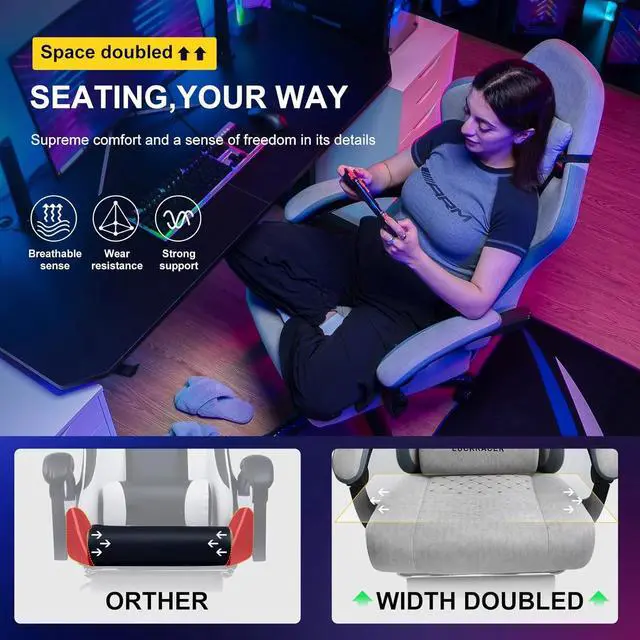 Alt view image 6 of 7 - GTPLAYER Gaming Chair with Footrest Fabric Office Chair with Pocket Spring Cushion and Linkage Armrests, High Back Ergonomic Computer Chair with Lumbar Support Task Chair-Grey
