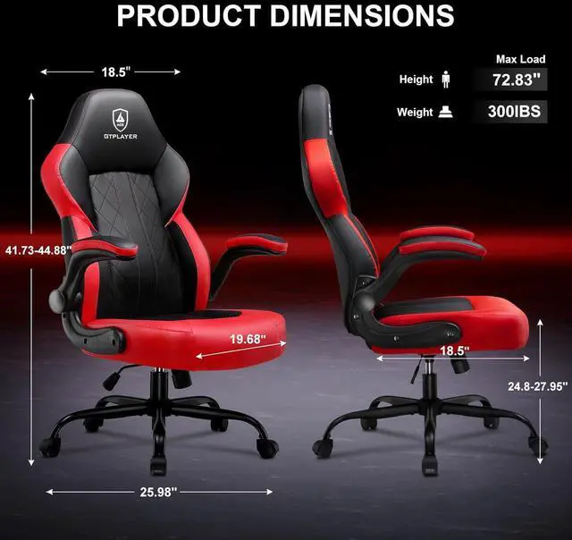 Alt view image 3 of 7 - GTPLAYER Computer Gaming Chair, Ergonomic Video Gaming Chair with Flip-Up Armrests and Adjustable Height, Comfortable Office Desk Chairs with Built-in Lumbar Support, Recliner with 360°Swivel (Red)