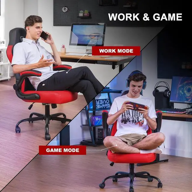 Alt view image 4 of 7 - GTPLAYER Computer Gaming Chair, Ergonomic Video Gaming Chair with Flip-Up Armrests and Adjustable Height, Comfortable Office Desk Chairs with Built-in Lumbar Support, Recliner with 360°Swivel (Red)