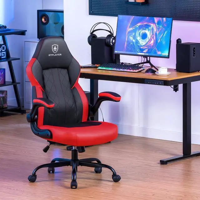 Alt view image 2 of 7 - GTPLAYER Computer Gaming Chair, Ergonomic Video Gaming Chair with Flip-Up Armrests and Adjustable Height, Comfortable Office Desk Chairs with Built-in Lumbar Support, Recliner with 360°Swivel (Red)