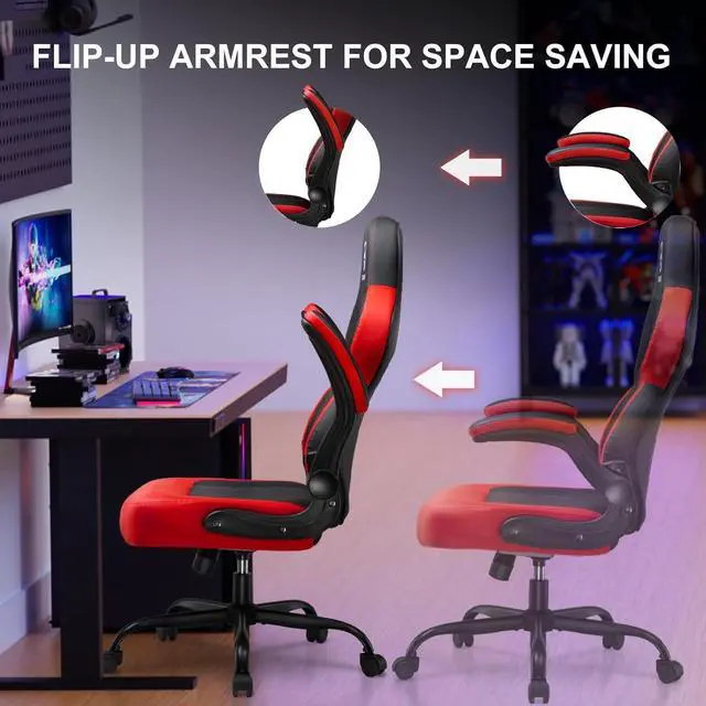 Alt view image 6 of 7 - GTPLAYER Computer Gaming Chair, Ergonomic Video Gaming Chair with Flip-Up Armrests and Adjustable Height, Comfortable Office Desk Chairs with Built-in Lumbar Support, Recliner with 360°Swivel (Red)