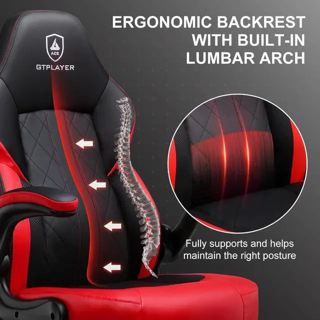 Alt view image 7 of 7 - GTPLAYER Computer Gaming Chair, Ergonomic Video Gaming Chair with Flip-Up Armrests and Adjustable Height, Comfortable Office Desk Chairs with Built-in Lumbar Support, Recliner with 360°Swivel (Red)