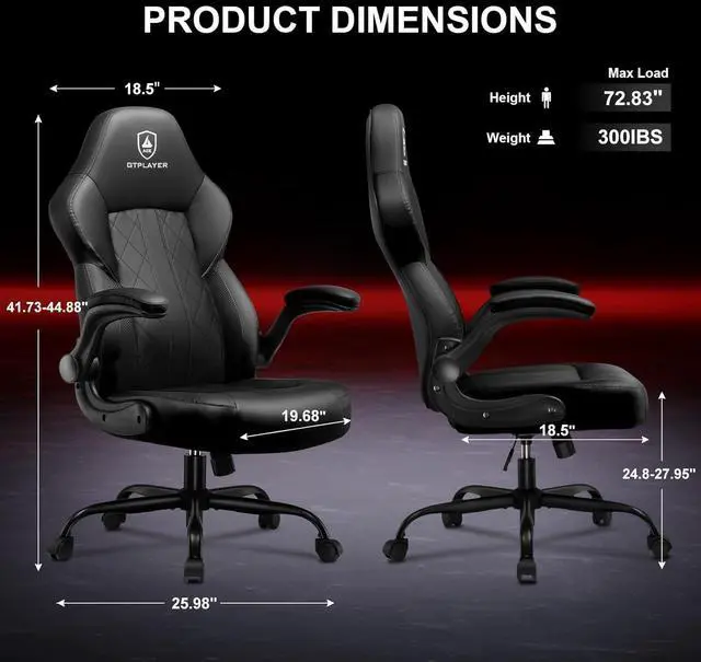 Alt view image 3 of 7 - GTPLAYER Computer Gaming Chair, Ergonomic Video Gaming Chair with Flip-Up Armrests and Adjustable Height, Comfortable Office Desk Chairs with Built-in Lumbar Support, Recliner with 360°Swivel (Black)