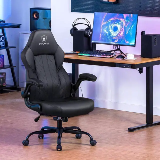 Alt view image 2 of 7 - GTPLAYER Computer Gaming Chair, Ergonomic Video Gaming Chair with Flip-Up Armrests and Adjustable Height, Comfortable Office Desk Chairs with Built-in Lumbar Support, Recliner with 360°Swivel (Black)