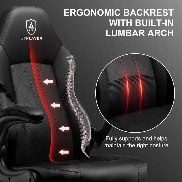 Alt view image 7 of 7 - GTPLAYER Computer Gaming Chair, Ergonomic Video Gaming Chair with Flip-Up Armrests and Adjustable Height, Comfortable Office Desk Chairs with Built-in Lumbar Support, Recliner with 360°Swivel (Black)