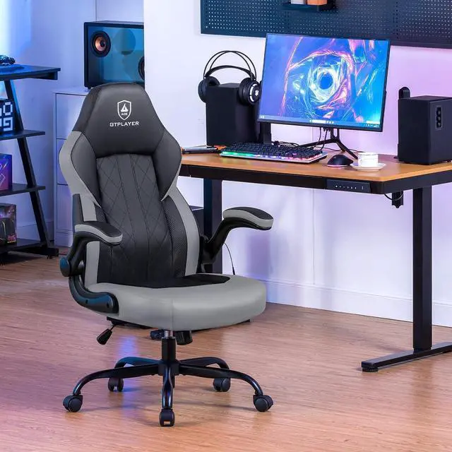 Alt view image 2 of 7 - GTPLAYER Computer Gaming Chair, Ergonomic Video Gaming Chair with Flip-Up Armrests and Adjustable Height, Comfortable Office Desk Chairs with Built-in Lumbar Support, Recliner with 360°Swivel (Grey)