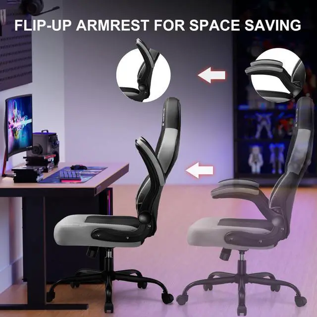 Alt view image 5 of 7 - GTPLAYER Computer Gaming Chair, Ergonomic Video Gaming Chair with Flip-Up Armrests and Adjustable Height, Comfortable Office Desk Chairs with Built-in Lumbar Support, Recliner with 360°Swivel (Grey)