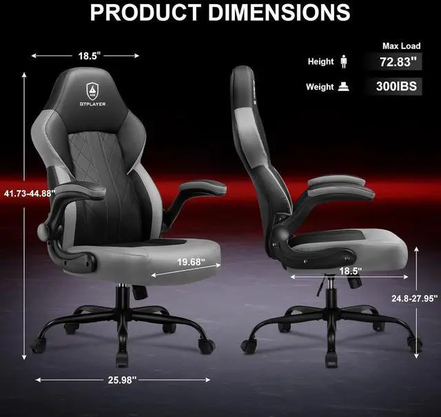 Alt view image 3 of 7 - GTPLAYER Computer Gaming Chair, Ergonomic Video Gaming Chair with Flip-Up Armrests and Adjustable Height, Comfortable Office Desk Chairs with Built-in Lumbar Support, Recliner with 360°Swivel (Grey)