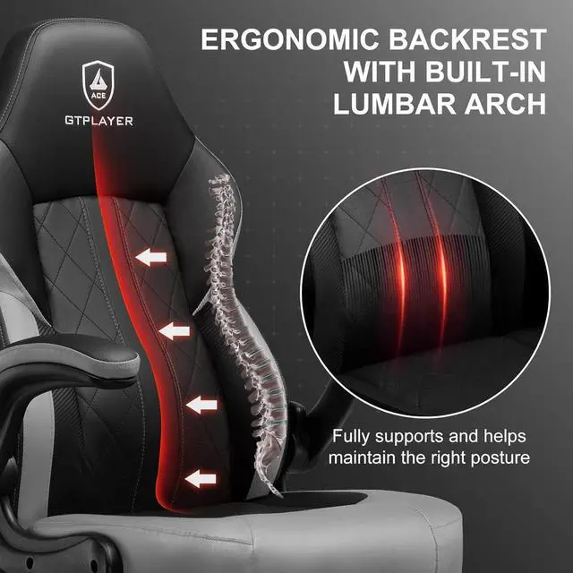 Alt view image 7 of 7 - GTPLAYER Computer Gaming Chair, Ergonomic Video Gaming Chair with Flip-Up Armrests and Adjustable Height, Comfortable Office Desk Chairs with Built-in Lumbar Support, Recliner with 360°Swivel (Grey)