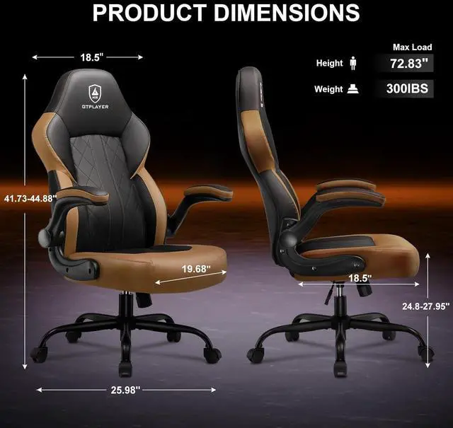 Alt view image 3 of 7 - GTPLAYER Computer Gaming Chair, Ergonomic Video Gaming Chair with Flip-Up Armrests and Adjustable Height, Comfortable Office Desk Chairs with Built-in Lumbar Support, Recliner with 360°Swivel (Brown)