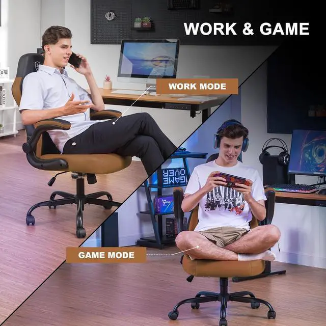 Alt view image 5 of 7 - GTPLAYER Computer Gaming Chair, Ergonomic Video Gaming Chair with Flip-Up Armrests and Adjustable Height, Comfortable Office Desk Chairs with Built-in Lumbar Support, Recliner with 360°Swivel (Brown)