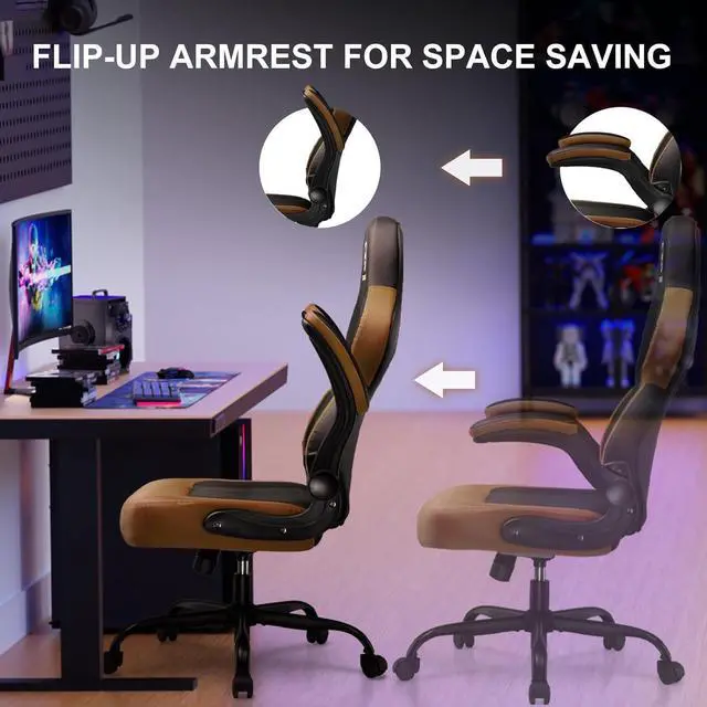 Alt view image 4 of 7 - GTPLAYER Computer Gaming Chair, Ergonomic Video Gaming Chair with Flip-Up Armrests and Adjustable Height, Comfortable Office Desk Chairs with Built-in Lumbar Support, Recliner with 360°Swivel (Brown)
