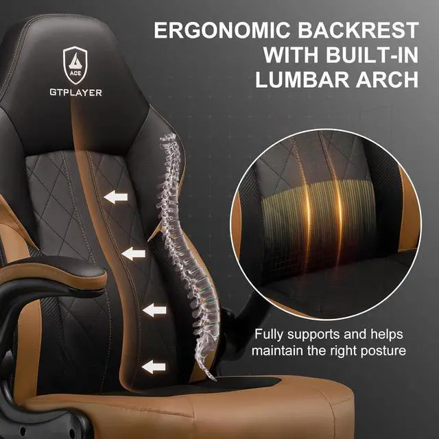 Alt view image 7 of 7 - GTPLAYER Computer Gaming Chair, Ergonomic Video Gaming Chair with Flip-Up Armrests and Adjustable Height, Comfortable Office Desk Chairs with Built-in Lumbar Support, Recliner with 360°Swivel (Brown)