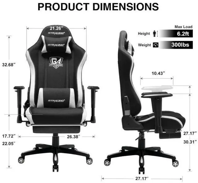 Alt view image 3 of 7 - GTRACING Gaming Chair with Footrest, Fabric Breathable Big and Tall Ergonomic Computer Chair 350 lbs with Adjustable Lumbar Support and Recliner, High Back Game Chair for Office Gaming (Black)