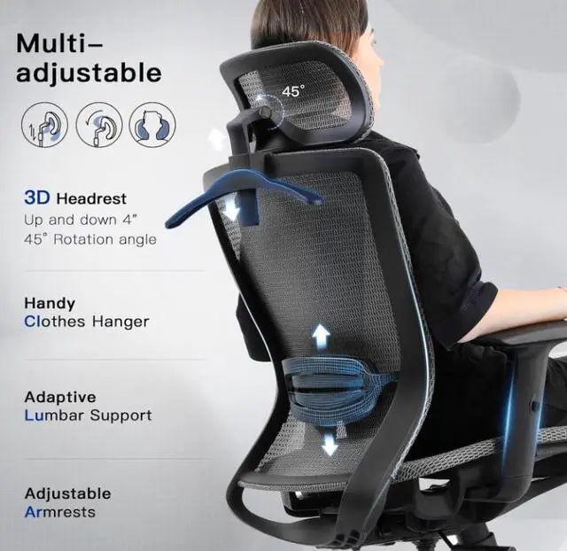 Alt view image 4 of 7 - GTPLAYER Ergonomic Office Chair, Executive Mesh Computer Desk Chair High Back Adjustable Armrest and 3D Lumbar Support, Heavy Duty Office Chair with 3D Headrest & Reclines (Grey)