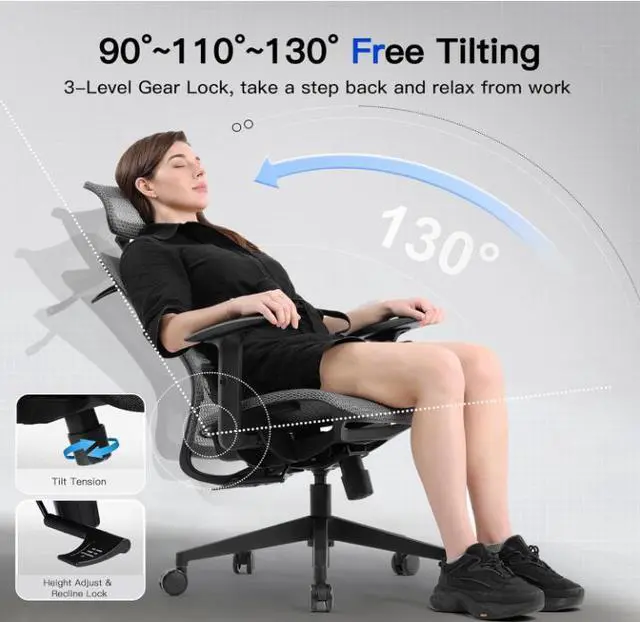 Alt view image 6 of 7 - GTPLAYER Ergonomic Office Chair, Executive Mesh Computer Desk Chair High Back Adjustable Armrest and 3D Lumbar Support, Heavy Duty Office Chair with 3D Headrest & Reclines (Grey)