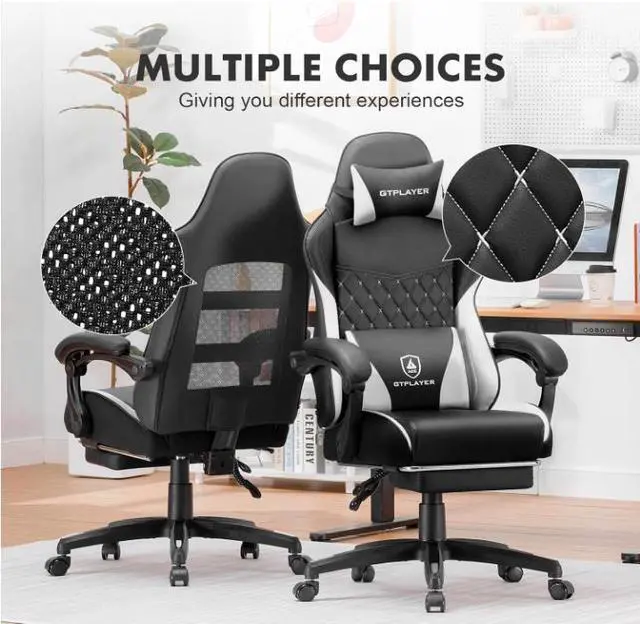 Alt view image 4 of 7 - GTPLAYER Gaming Chair, High Back Leather Computer Gaming Chair with Footrest, Ergonomic Height Adjustable Office Chair with Removable Cover and Lumbar Support for Gaming and Work (White)