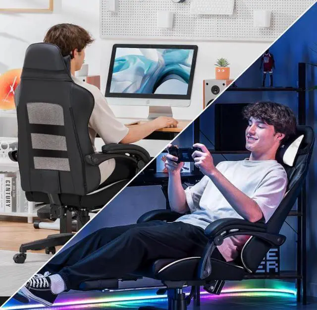 Alt view image 5 of 7 - GTPLAYER Gaming Chair, High Back Leather Computer Gaming Chair with Footrest, Ergonomic Height Adjustable Office Chair with Removable Cover and Lumbar Support for Gaming and Work (White)