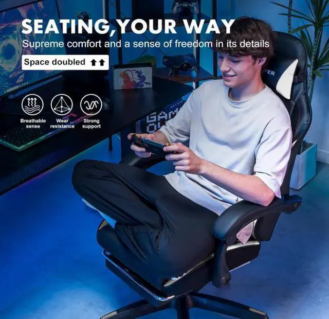 Alt view image 7 of 7 - GTPLAYER Gaming Chair, High Back Leather Computer Gaming Chair with Footrest, Ergonomic Height Adjustable Office Chair with Removable Cover and Lumbar Support for Gaming and Work (White)