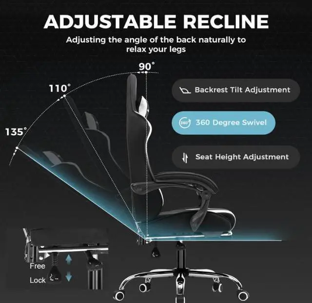 Alt view image 4 of 7 - GTPLAYER Gaming Chair, Computer Chair with Footrest and Lumbar Support, Height Adjustable Game Chair with 360°-Swivel Seat and Headrest and for Office or Gaming (Fabric, Black & Light Gray)