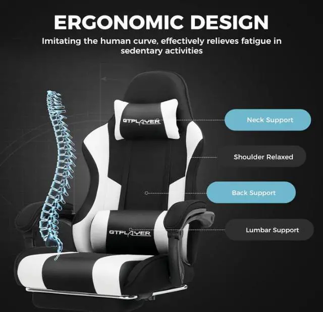 Alt view image 7 of 7 - GTPLAYER Gaming Chair, Computer Chair with Footrest and Lumbar Support, Height Adjustable Game Chair with 360°-Swivel Seat and Headrest and for Office or Gaming (Fabric, Black & Light Gray)
