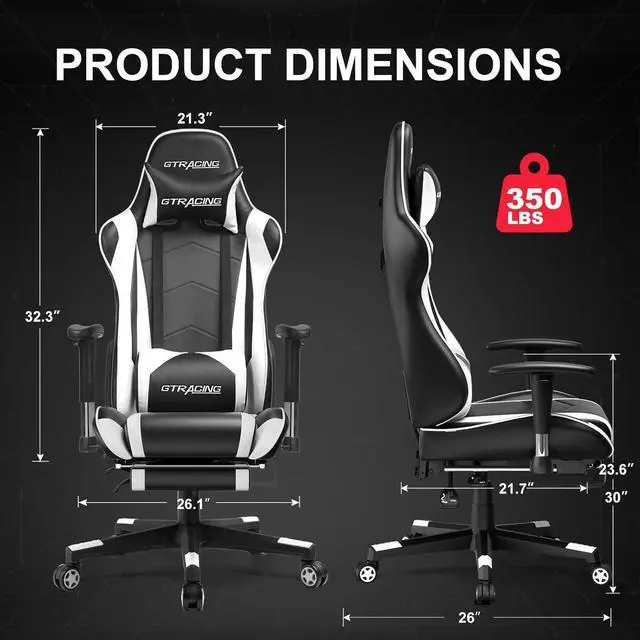 Alt view image 2 of 7 - GTRACING Gaming Chair with Footrest, High Back Computer Chair Ergonomic Game Desk Chair Racing Executive Adjustable Swivel Rocker with Headrest and Lumbar Support (White)