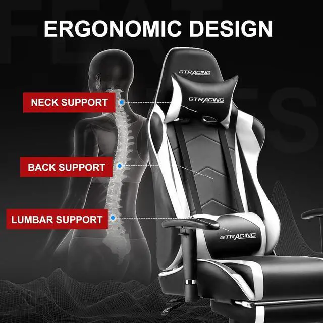 Alt view image 4 of 7 - GTRACING Gaming Chair with Footrest, High Back Computer Chair Ergonomic Game Desk Chair Racing Executive Adjustable Swivel Rocker with Headrest and Lumbar Support (White)