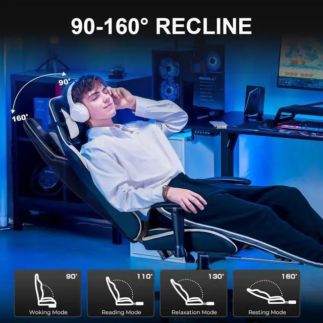 Alt view image 5 of 7 - GTRACING Gaming Chair with Footrest, High Back Computer Chair Ergonomic Game Desk Chair Racing Executive Adjustable Swivel Rocker with Headrest and Lumbar Support (White)