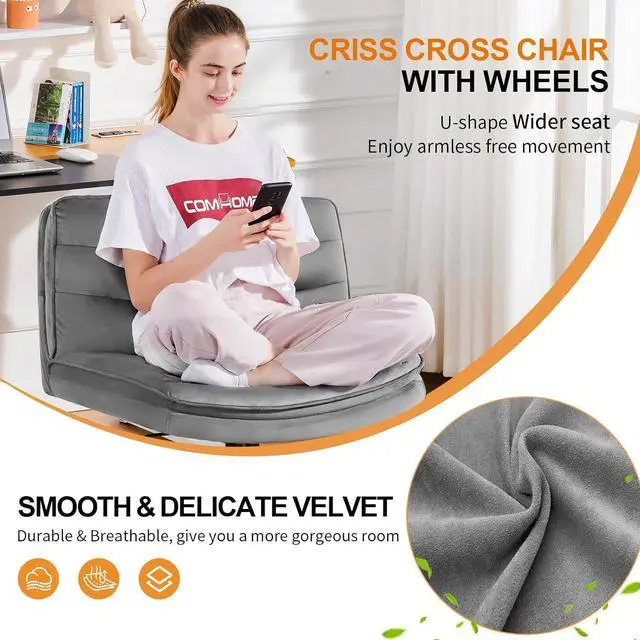 Alt view image 3 of 7 - GTPLAYER Cross Legged Office Chair with Wheels Armless Office Desk Chair, Modern Vanity Computer Task Chairs for Home Bedroom, Comfortable Wide Seat for Lower Back Pain Relief/PU Leahter (Gray Velvet)