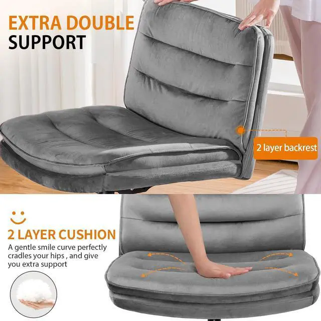 Alt view image 4 of 7 - GTPLAYER Cross Legged Office Chair with Wheels Armless Office Desk Chair, Modern Vanity Computer Task Chairs for Home Bedroom, Comfortable Wide Seat for Lower Back Pain Relief/PU Leahter (Gray Velvet)