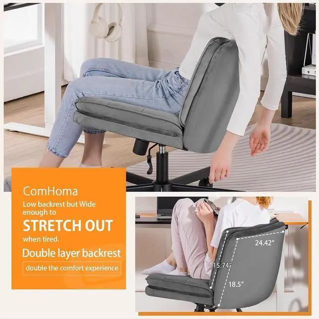 Alt view image 5 of 7 - GTPLAYER Cross Legged Office Chair with Wheels Armless Office Desk Chair, Modern Vanity Computer Task Chairs for Home Bedroom, Comfortable Wide Seat for Lower Back Pain Relief/PU Leahter (Gray Velvet)
