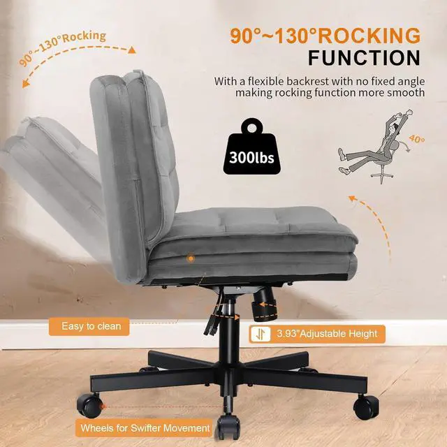 Alt view image 6 of 7 - GTPLAYER Cross Legged Office Chair with Wheels Armless Office Desk Chair, Modern Vanity Computer Task Chairs for Home Bedroom, Comfortable Wide Seat for Lower Back Pain Relief/PU Leahter (Gray Velvet)