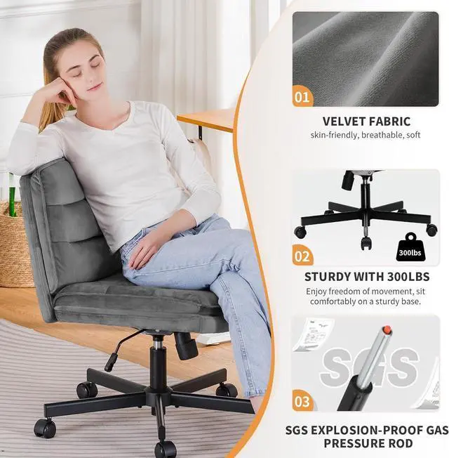 Alt view image 7 of 7 - GTPLAYER Cross Legged Office Chair with Wheels Armless Office Desk Chair, Modern Vanity Computer Task Chairs for Home Bedroom, Comfortable Wide Seat for Lower Back Pain Relief/PU Leahter (Gray Velvet)