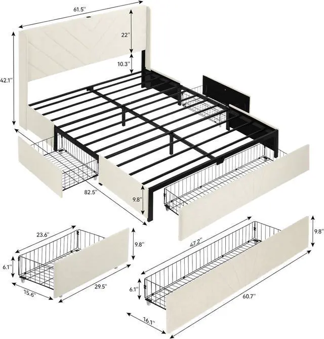 Alt view image 2 of 7 - GTRACING Upholstered Platform Bed Frame with USB and Type-C Ports, V-Shape Wingback Headboard, Side Drawers and Oversize Footboard Storage, No Box Spring Needed, Queen Size Modern Base (White)