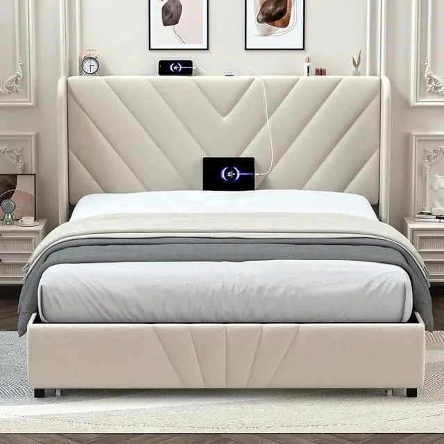 Alt view image 3 of 7 - GTRACING Upholstered Platform Bed Frame with USB and Type-C Ports, V-Shape Wingback Headboard, Side Drawers and Oversize Footboard Storage, No Box Spring Needed, Queen Size Modern Base (White)