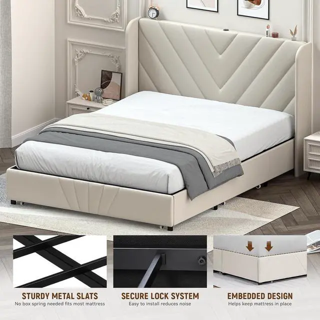 Alt view image 4 of 7 - GTRACING Upholstered Platform Bed Frame with USB and Type-C Ports, V-Shape Wingback Headboard, Side Drawers and Oversize Footboard Storage, No Box Spring Needed, Queen Size Modern Base (White)