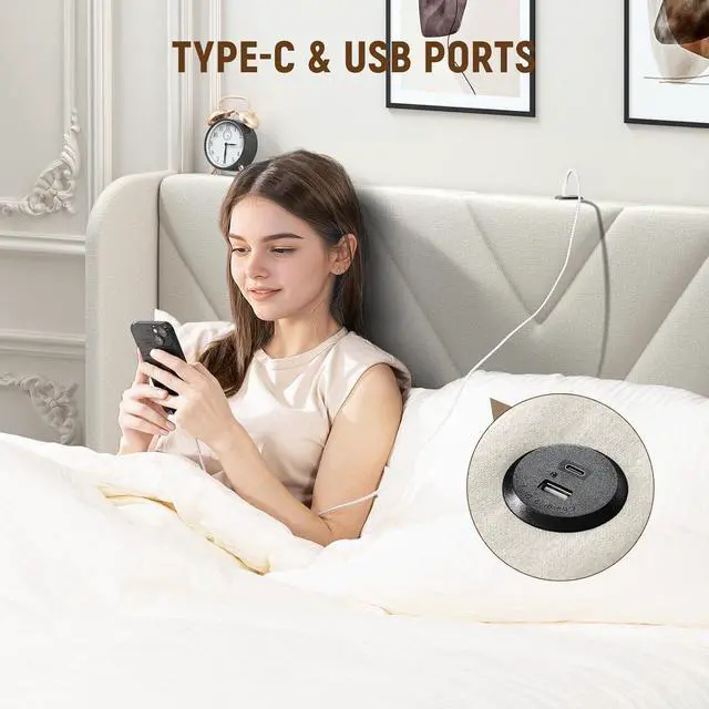 Alt view image 6 of 7 - GTRACING Upholstered Platform Bed Frame with USB and Type-C Ports, V-Shape Wingback Headboard, Side Drawers and Oversize Footboard Storage, No Box Spring Needed, Queen Size Modern Base (White)
