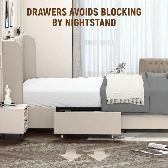 Alt view image 7 of 7 - GTRACING Upholstered Platform Bed Frame with USB and Type-C Ports, V-Shape Wingback Headboard, Side Drawers and Oversize Footboard Storage, No Box Spring Needed, Queen Size Modern Base (White)