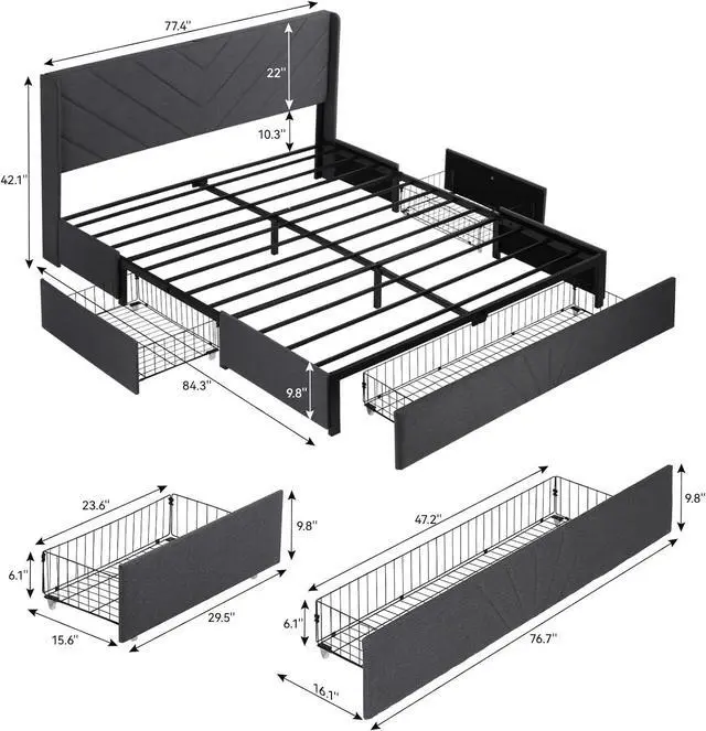 Alt view image 2 of 7 - GTRACING Upholstered Platform Bed Frame with USB and Type-C Ports, V-Shape Wingback Headboard, Side Drawers and Oversize Footboard Storage, No Box Spring Needed, King Size Modern Base (Dark Grey)
