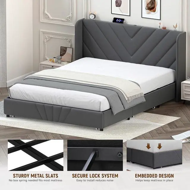 Alt view image 3 of 7 - GTRACING Upholstered Platform Bed Frame with USB and Type-C Ports, V-Shape Wingback Headboard, Side Drawers and Oversize Footboard Storage, No Box Spring Needed, King Size Modern Base (Dark Grey)