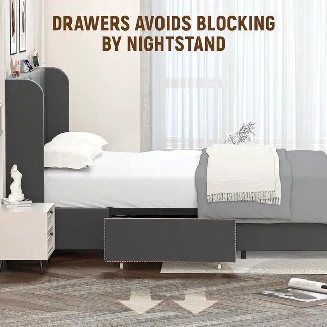 Alt view image 6 of 7 - GTRACING Upholstered Platform Bed Frame with USB and Type-C Ports, V-Shape Wingback Headboard, Side Drawers and Oversize Footboard Storage, No Box Spring Needed, King Size Modern Base (Dark Grey)