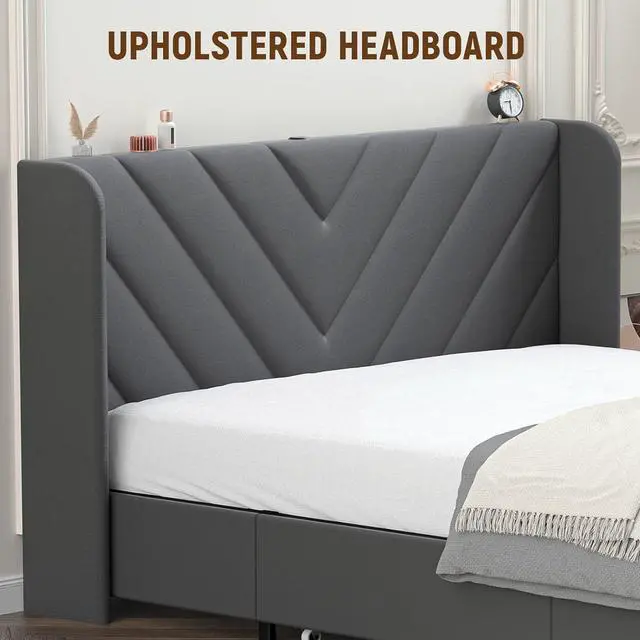 Alt view image 7 of 7 - GTRACING Upholstered Platform Bed Frame with USB and Type-C Ports, V-Shape Wingback Headboard, Side Drawers and Oversize Footboard Storage, No Box Spring Needed, King Size Modern Base (Dark Grey)