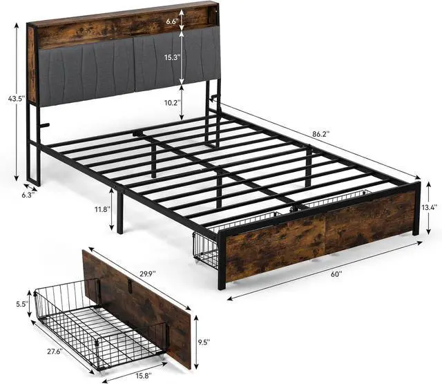 Alt view image 2 of 7 - GTRACING Platform Bed Frame with LED Lights and Charging Station, Storage Headboard and Footboard Drawers, No Box Spring Needed, Rustic Wood Look (Queen (U.S. Standard))