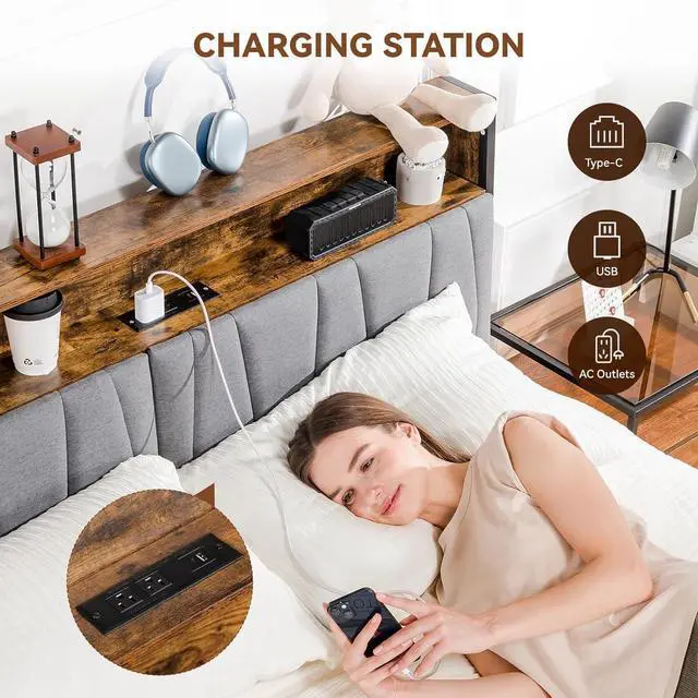 Alt view image 4 of 7 - GTRACING Platform Bed Frame with LED Lights and Charging Station, Storage Headboard and Footboard Drawers, No Box Spring Needed, Rustic Wood Look (Queen (U.S. Standard))