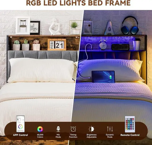 Alt view image 5 of 7 - GTRACING Platform Bed Frame with LED Lights and Charging Station, Storage Headboard and Footboard Drawers, No Box Spring Needed, Rustic Wood Look (Queen (U.S. Standard))